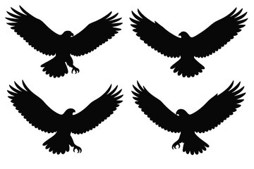 Four majestic black silhouettes of eagles soaring with wings spread wide against a white background