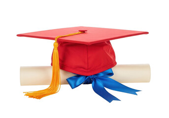 A red graduation cap with a gold tassel rests atop a rolled diploma tied with a blue ribbon isolated on transparent background