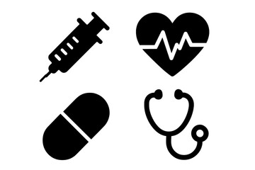 Collection of essential medical and healthcare glyphs: syringe, heart rate, capsule, and stethoscope