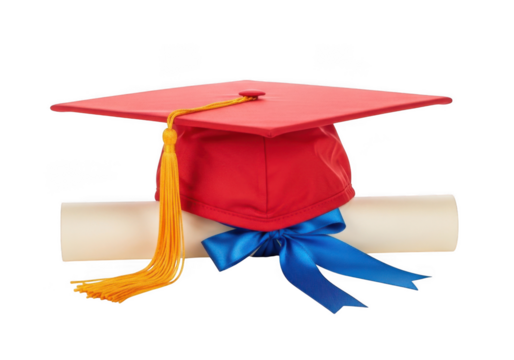 A red graduation cap with a gold tassel rests atop a rolled diploma tied with a blue ribbon isolated on transparent background