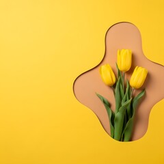 Three yellow tulips with green leaves against a cutout on yellow background