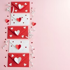 Red and white envelopes with heart decorations on pink background