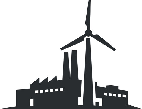 A silhouette of a factory with a large wind turbine in black and white vector style, ideal for renewable energy projects