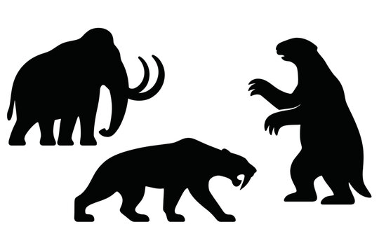 Silhouettes of extinct prehistoric megafauna animals including mammoth and saber toothed cat