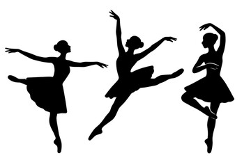Three elegant female ballet dancer silhouettes performing graceful dance poses and movements