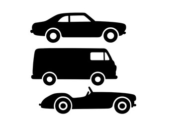 Set of classic car and delivery van silhouettes in black and white icon style