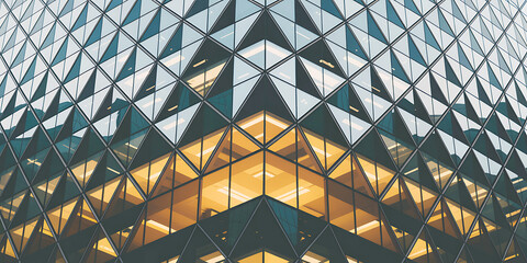 Architectural marvel with triangular glass facade reflecting geometric patterns beautifully