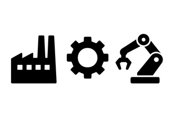 Set of black silhouette icons featuring a factory building, cogwheel, and robotic arm