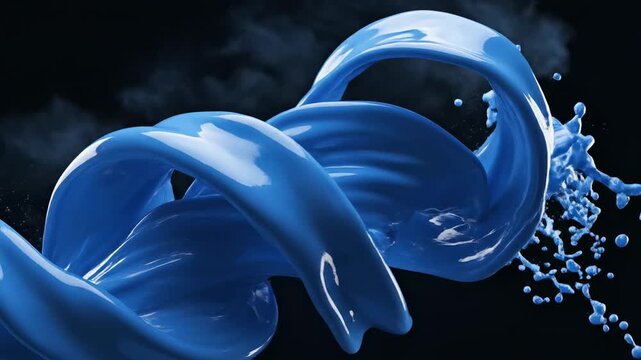 Slow motion cinematic movement of glossy blue liquid waves forming complex three dimensional patterns against a dark background fluid dynamics, slow motion, data visualization