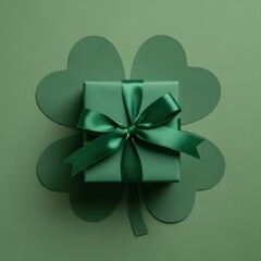 Green gift box with bow on shamrock shape against green background