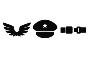 Stylized monochrome icons featuring wings, peaked cap with star, and safety belt buckle