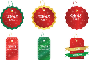 Colorful Christmas sale and discount badges in festive circle, and ribbon shapes for holiday promotions