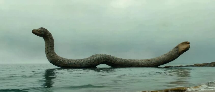 Legendary Loch Ness Monster surfaces in the misty lake.
