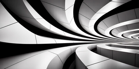 Futuristic architectural structure exhibiting clean lines and curved patterns in monochrome