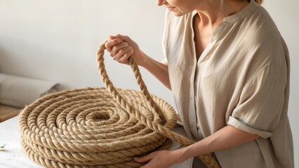 Woman's hands holding thick jute rope coil
