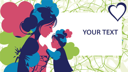 Happy Mother's Day graphic illustration with mother and child embrace, conveying love and togetherness for a special celebration