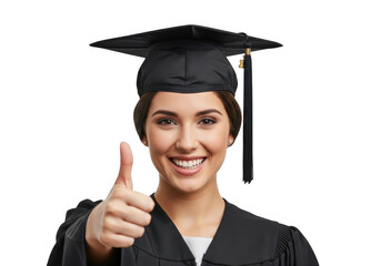Joyful young woman wearing graduation cap and gown giving thumbs up gesture isolated on transparent background