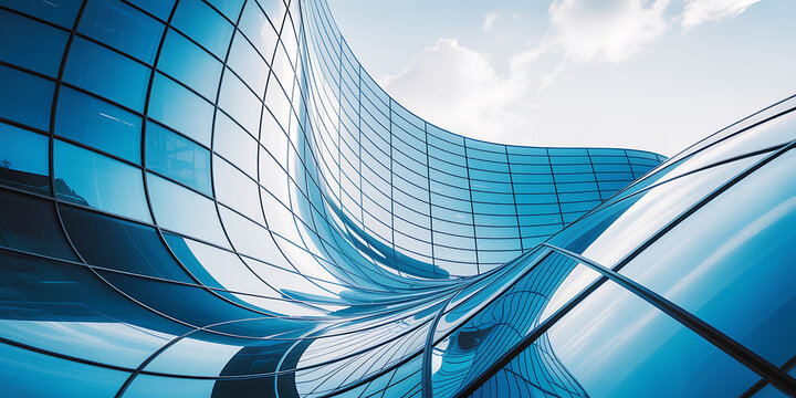 Futuristic architecture with blue glass facade and curved lines reflecting the sky