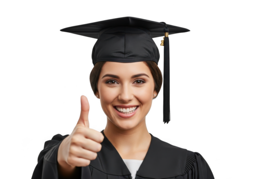 Joyful young woman wearing graduation cap and gown giving thumbs up gesture isolated on transparent background