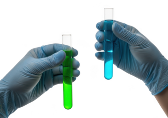 Two gloved hands hold glowing test tubes filled with brightly colored luminescent liquids isolated on transparent background