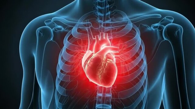 3D medical visualization of the human heart highlighted inside the chest cavity and rib cage &mdash; AI generated video