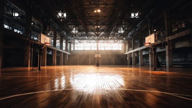 Sunlit, empty indoor basketball court with polished wooden floor, distant hoops and quiet bleachers