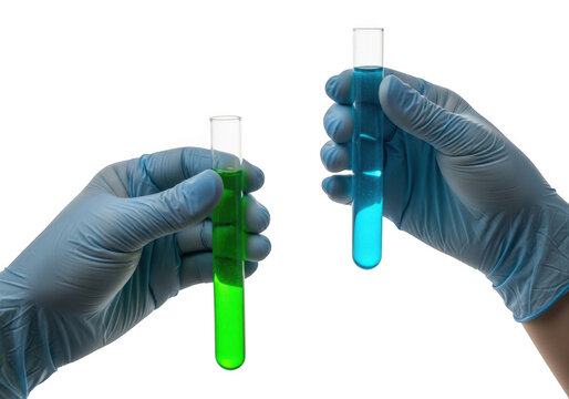 Two gloved hands hold glowing test tubes filled with brightly colored luminescent liquids isolated on transparent background