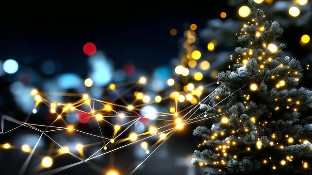 Digital networking visualization with Christmas tech theme, defocused holiday lights, winter virtual connection, festive AI platform, seasonal professional growth, corporate holida
