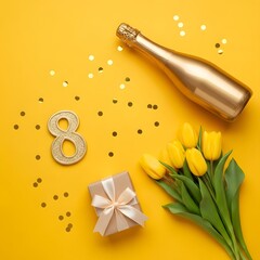 Number 8, champagne bottle, tulips, gift, and confetti on yellow