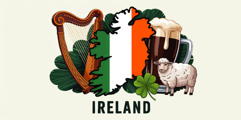 Ireland travel illustration with map flag, harp, shamrock, sheep and stout beer, Irish culture landmarks vector for St Patrick design