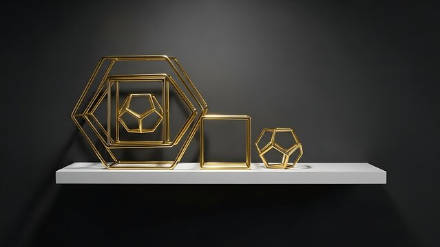 Elegant golden geometric sculptures displayed on a white shelf against a dark wall. - Powered by Adobe