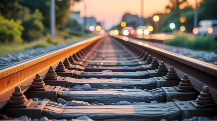 Railway tracks stretching into the distance with blurred city lights scene