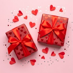Two red gift boxes with ribbons and hearts on pink background