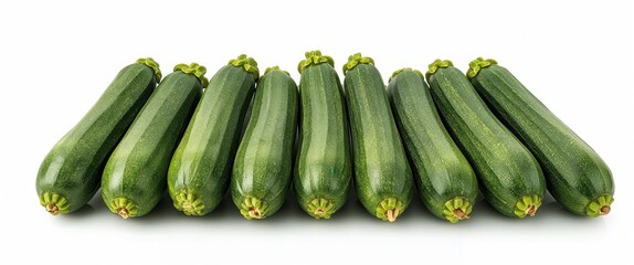 Neatly arrayed fresh zucchini. A line of green summer squash stands out against a white background.