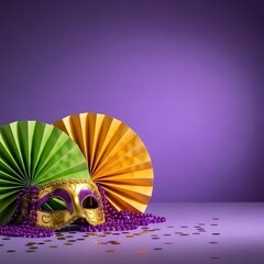 Mardi gras mask and beads with decorative fans on purple background
