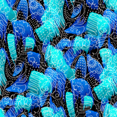 Abstract seamless pattern with watercolor drawing in doodle style. Drawing watercolor and ink.
