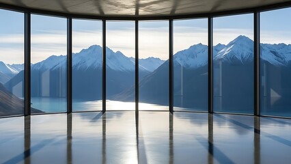 Modern empty room with a panoramic window view of a snowy mountain landscape.