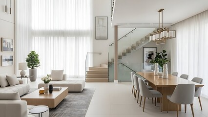 Bright, open interior of a contemporary home featuring a living and dining area space.