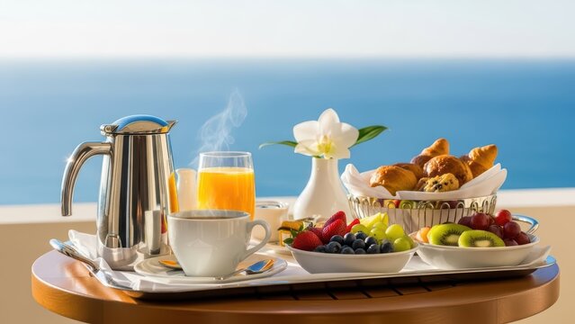 Luxury breakfast with ocean view: croissants, coffee, and fresh fruit on balcony table