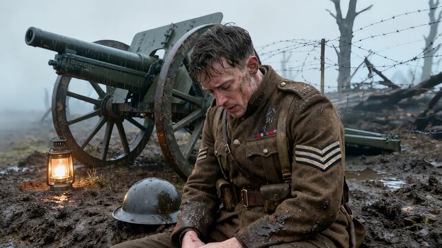 Military personnel resting near artillery on fogcovered battlefield