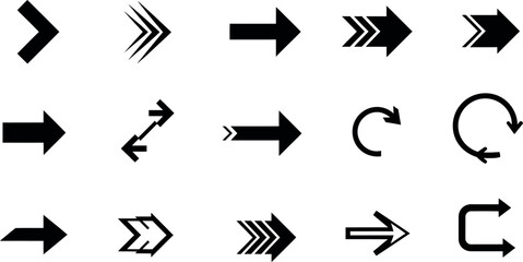 Collection of black arrow vector icons pointing right on white background