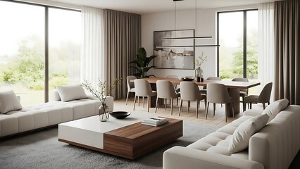 Bright, elegant interior featuring dining area and comfortable white lounge seating.