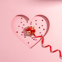Gift box with red ribbon inside a pink heart cutout with confetti