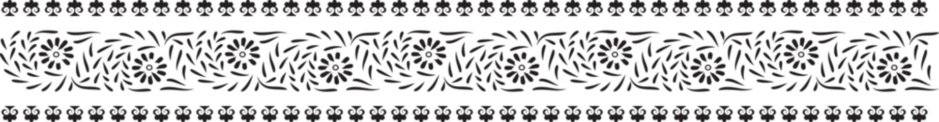 Decorative border with floral and geometric elements in black and white