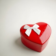 Red heart-shaped gift box with white bow isolated on white background.