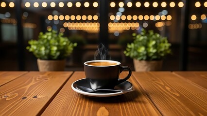 A steaming cup of coffee on a wooden table, with bokeh lights in the background.