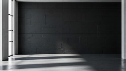 Modern empty room with black textured wall and large windows