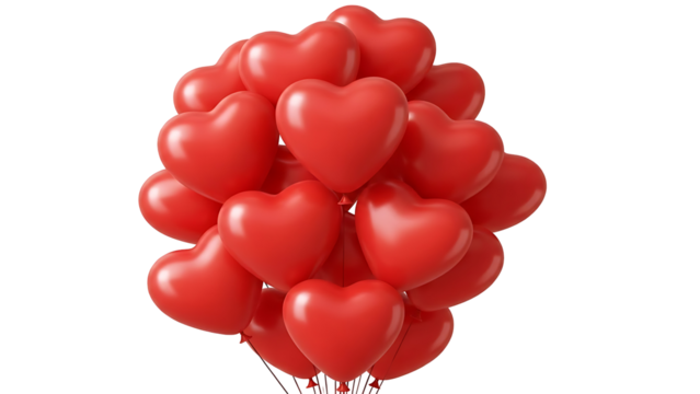 Cluster of red heart shaped balloons isolated black background