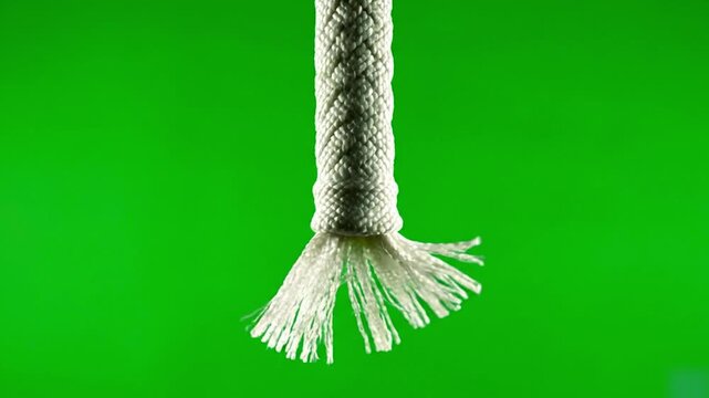 A close up of a white braided rope with frayed ends against a vibrant green screen background image