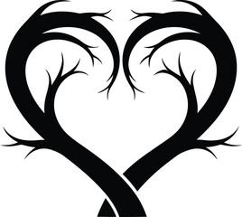 Obraz premium Minimalist black silhouette illustration of two intertwined tree branches forming a heart shape, symbolizing love, nature, and unity. A simple graphic design on a clean white background